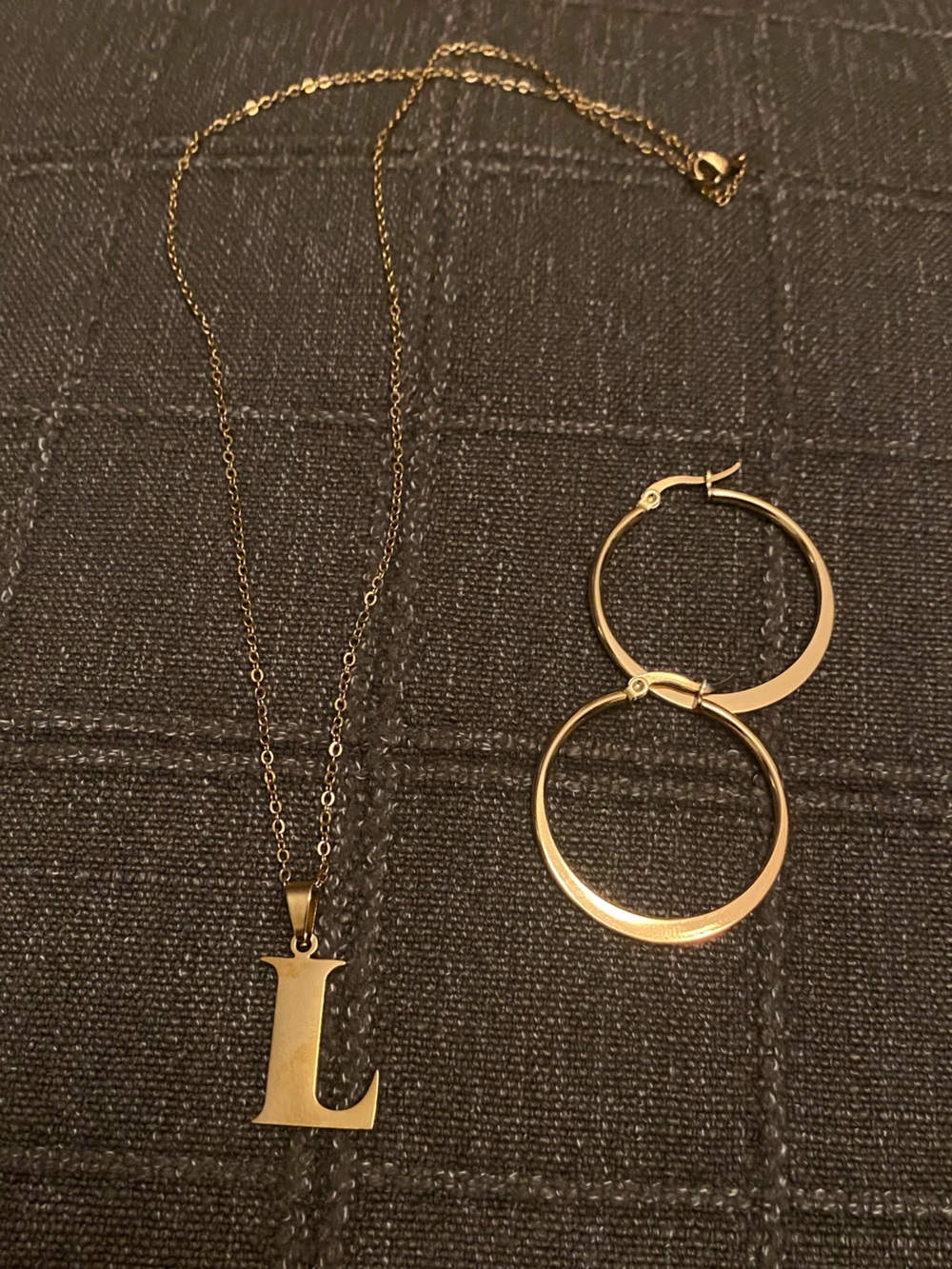Gold Initial 'L' Pendant Necklace with Gold Hoop Earrings - Women Jewelry